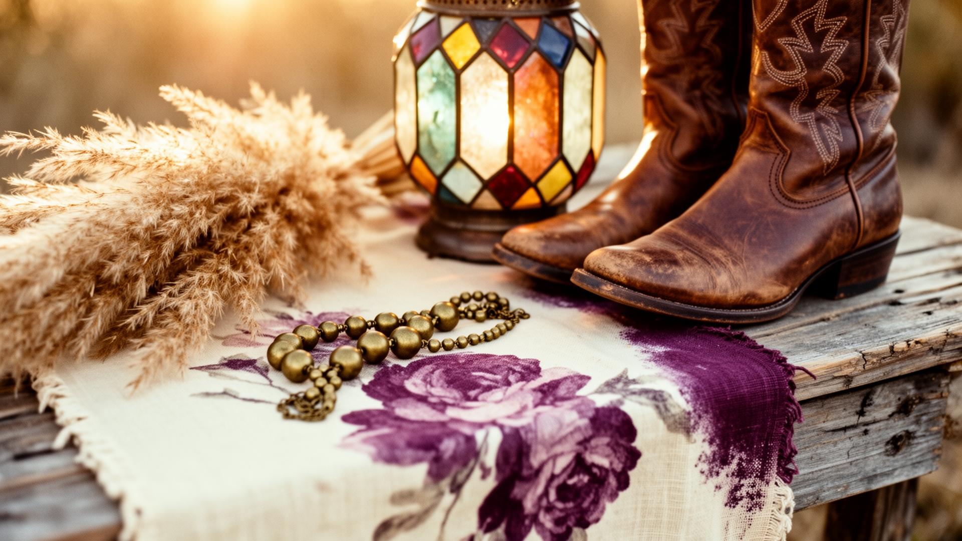 A sunlit boho still life with linen, dried flowers and pottery
